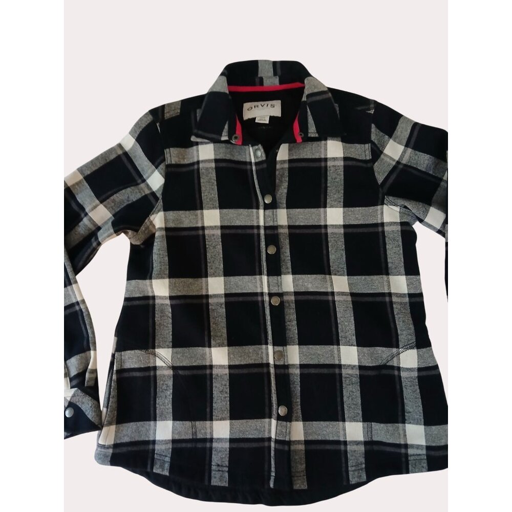 Orvis Womens Plaid Flannel Shirt Jacket Black Gray Snap Button Front S Pockets - Picture 8 of 16